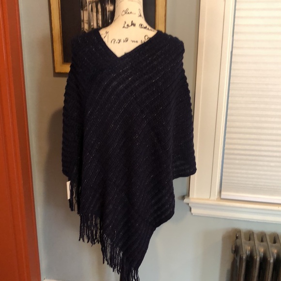 Riah Fashion Navy & Metallic Silver Fringed Knit Poncho (OS) - Picture 4 of 6
